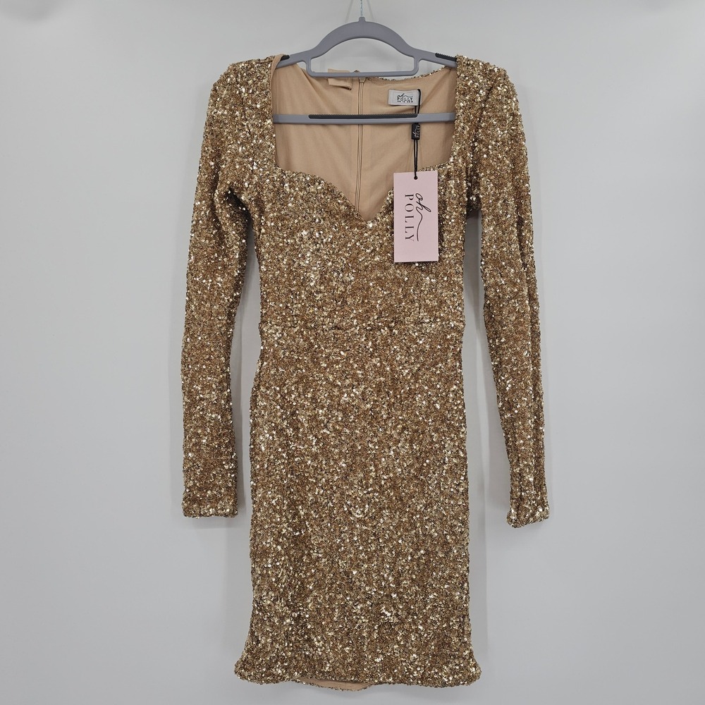 Oh Polly Sephina Gold Sequin Long‎ Sleeve Mini Dress Sweetheart Neck Size 8 NEW